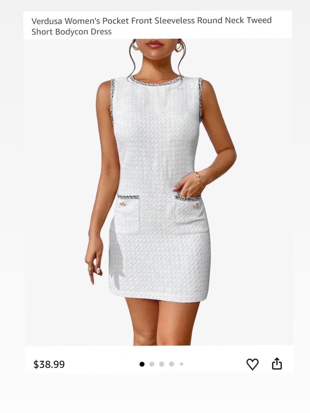 Amazon White Tweed Sleeveless Pocket Bodycon Dress